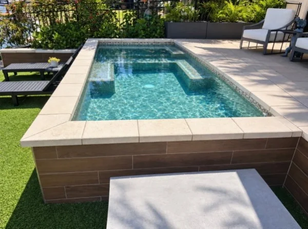 Raised plunge pool with stone coping